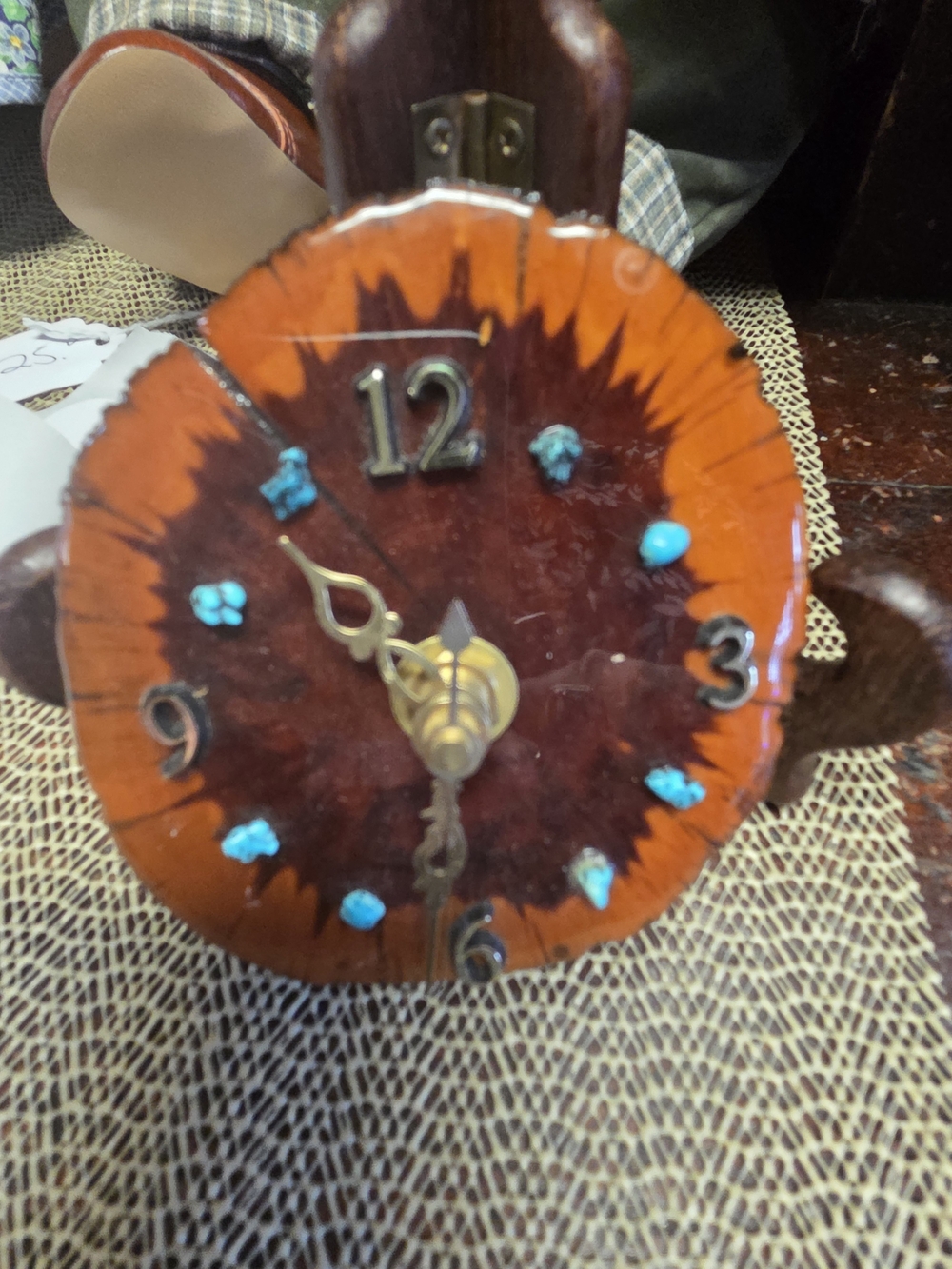 Vintage 1970s Handcrafted Live Edge Wood Slab Clock with Turquoise Accents